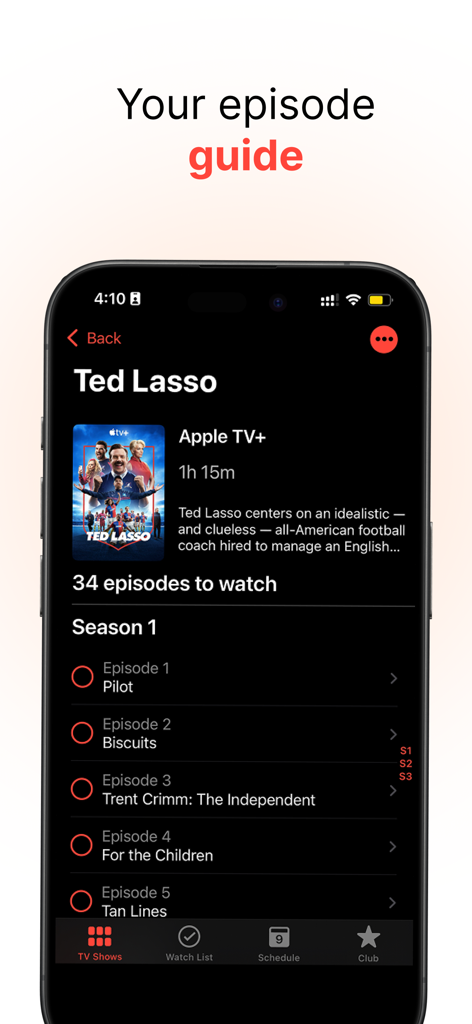 Interface of the TV Club app showing an episode guide and tracker for the show Ted Lasso on an iPhone.