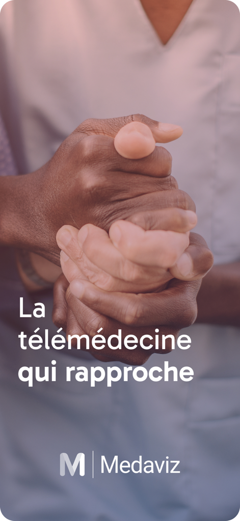 Close-up of hands holding together with the French text La telemedecine qui rapproche by Medaviz