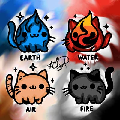 4 cats that represent the different elements, earth, water, air, and fire