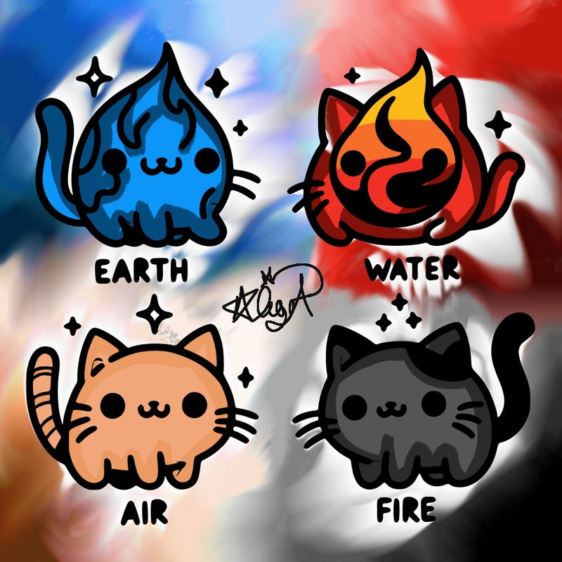 4 cats that represent the different elements, earth, water, air, and fire