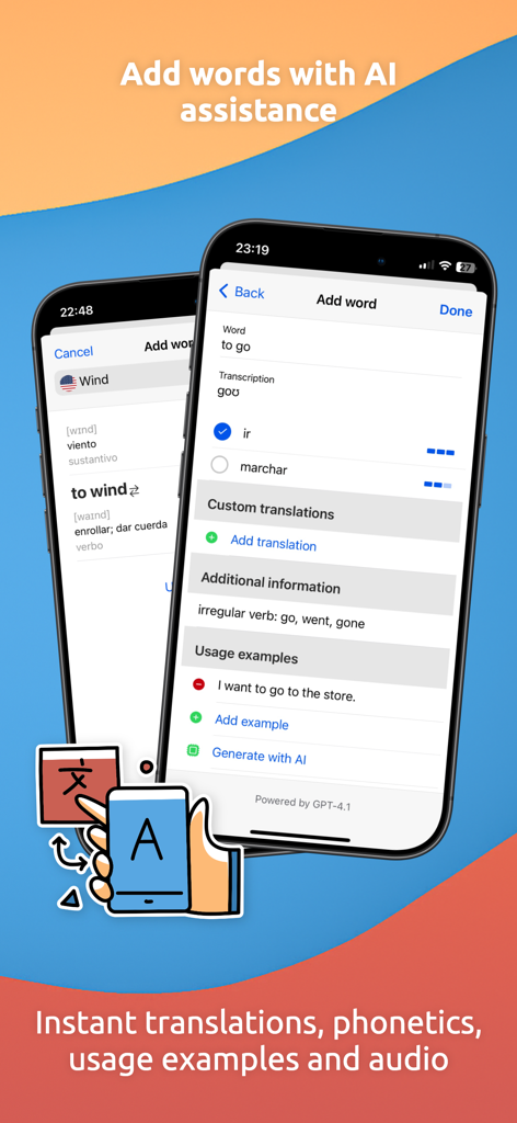 EveryWord: Memorize by Heart - EveryWord app interface showing AI assisted word addition with translations and usage examples