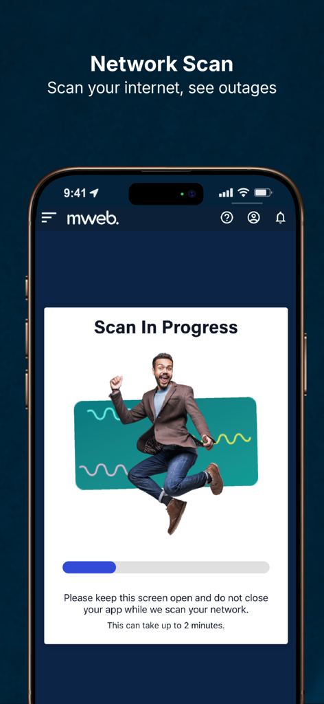 Mweb app screen showing a network scan in progress with a progress bar and an illustration of a man jumping.