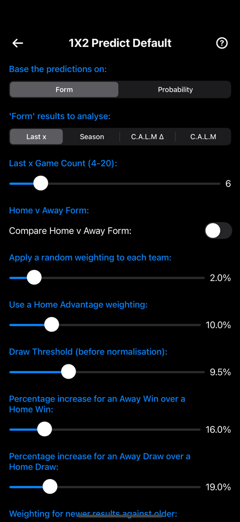 Schermata mobile che mostra parametri regolabili per gli algoritmi di previsione sportiva, inclusi conteggio partite in forma e ponderazione del vantaggio casalingo