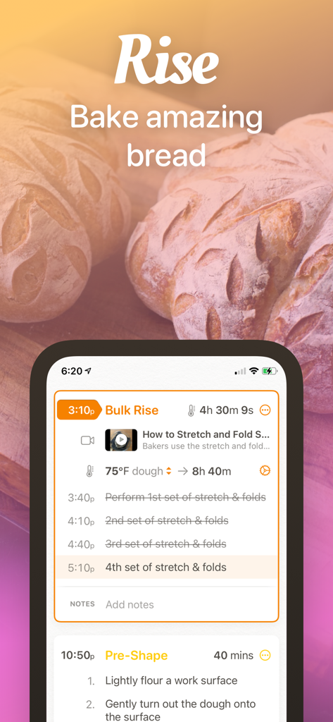 Riseアプリのインターフェース。精密なパン作りのスケジュールとサワードウのパンが表示されています。