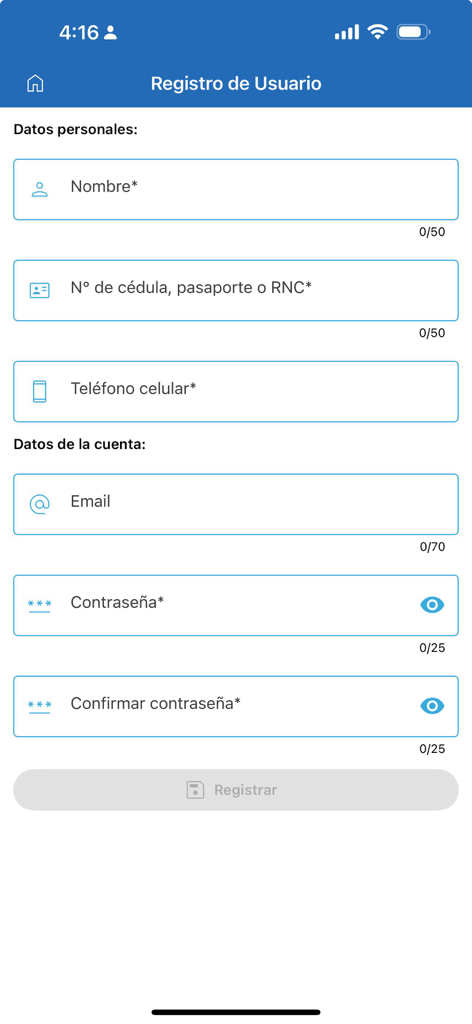 Formulario de registro de usuario en la app móvil CEPM mostrando campos de datos personales y de cuenta