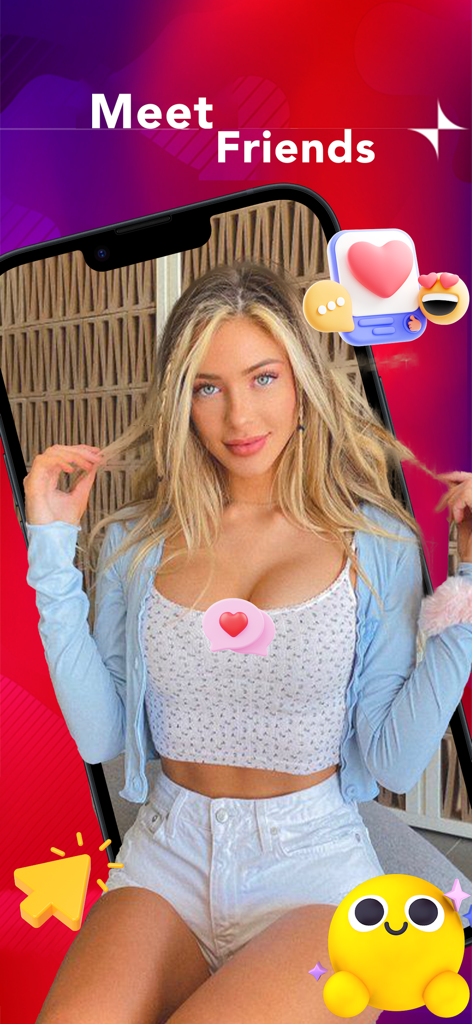 Nuvzy - Video Call，Social Hub - La interfaz de la aplicación Nuvzy muestra la función Conocer Amigos con íconos sociales y un perfil de usuario.