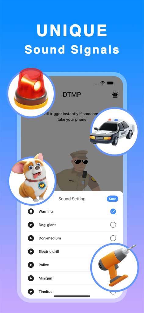 Oberfläche, die verschiedene einzigartige Soundoptionen für die Handy-Sicherheitsalarm-App anzeigt