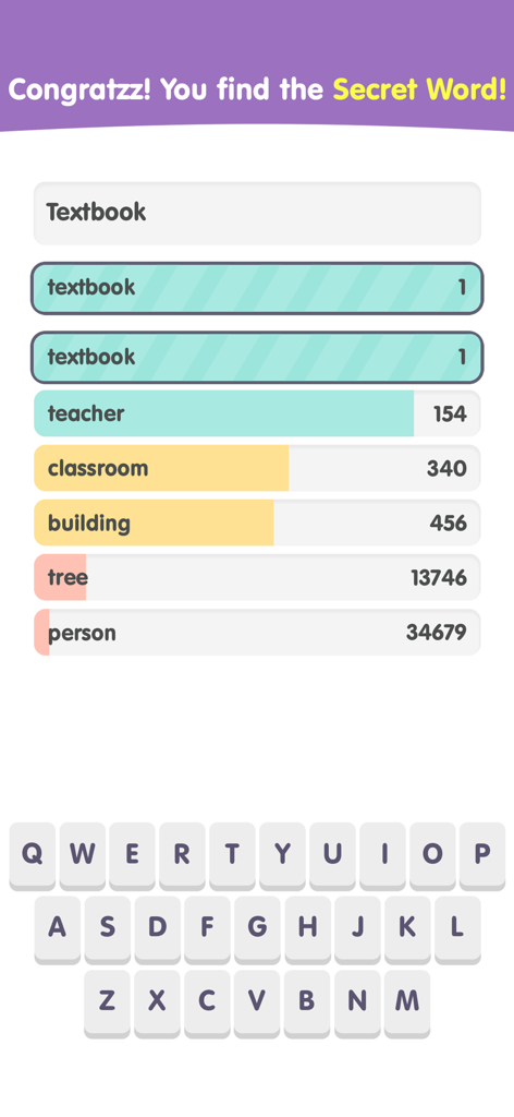 Contexto: Popular Words Game - Gameplay screen of Contexto showing the player found the secret word textbook with a list of previous guesses and their ranks