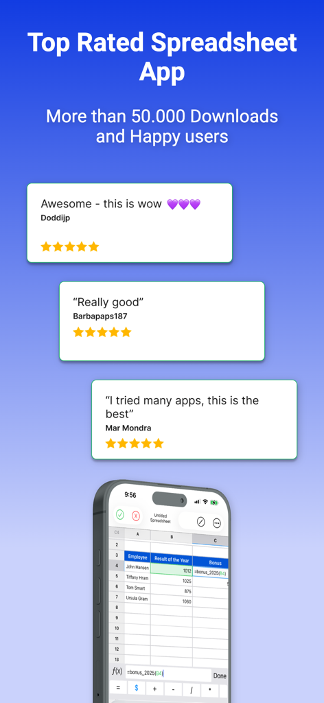 The Spreadsheet App showing user reviews ratings and over 50000 downloads