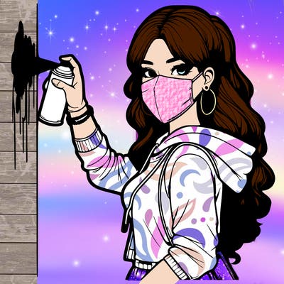 realistic girl with mask spray painting a wall