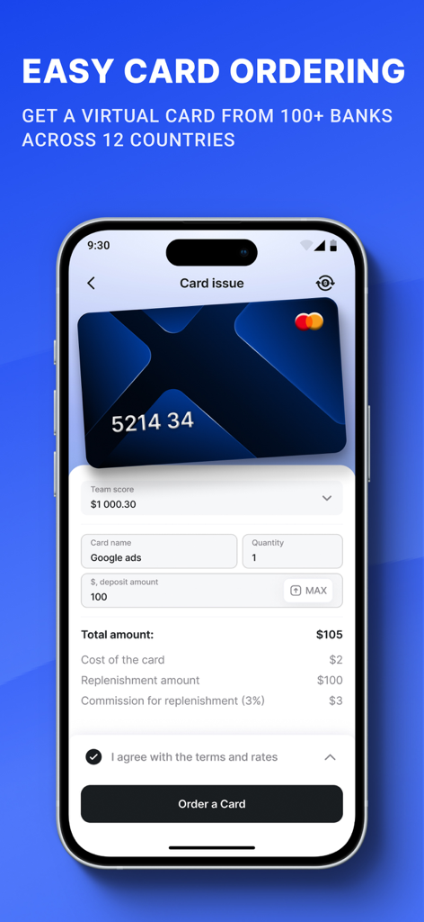 e.PN - Virtual cards - User interface of the e.PN app for ordering a virtual Mastercard.