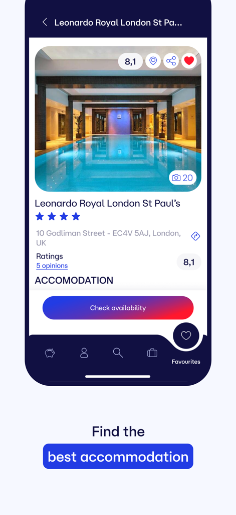 Reserving - Page de réservation d'hôtel pour Leonardo Royal London St Pauls présentant une piscine intérieure et des informations sur la note dans l'application Reserving