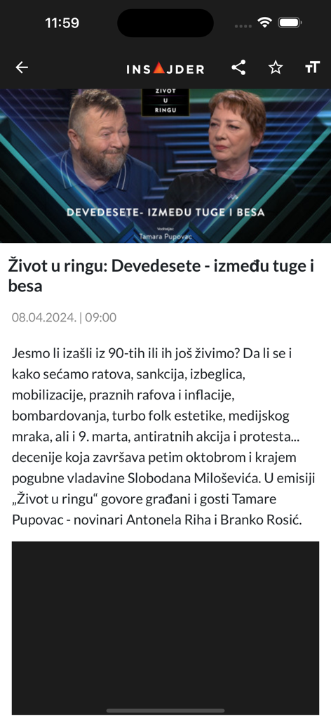 Insajder - Insajder mobile app interface showing a news article titled Life in the ring about Serbian history