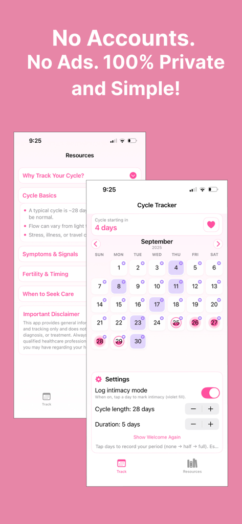 Period Calendar Cycle Tracker - Capturas de pantalla de una aplicación privada de rastreo de período que muestra un calendario de ciclo y recursos de salud en una interfaz rosa limpia