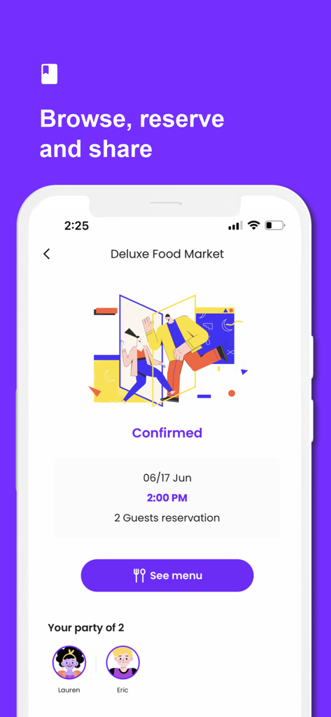 Minitable - Minitable app screen displaying a confirmed restaurant reservation for two people at Deluxe Food Market