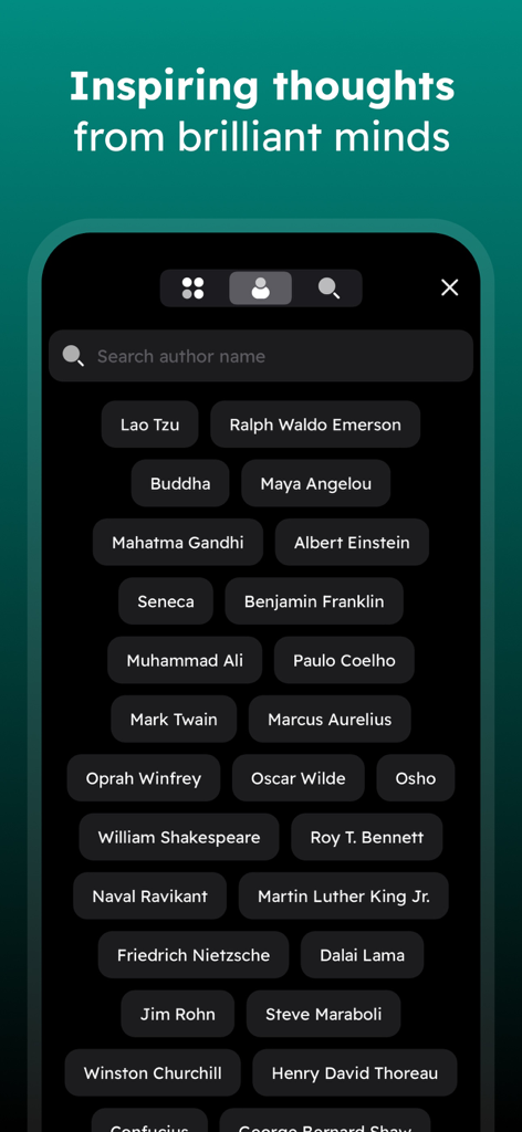 Eine Suchoberfläche innerhalb der Inspire-App, die berühmte Autoren und Denker für tägliche Zitate auflistet.