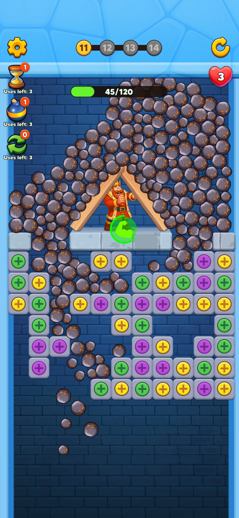 Royal Escape: King Castle - Uma captura de tela da jogabilidade de Royal Escape King Castle mostrando um quebra-cabeça match 3 com parafusos coloridos e um rei preso sob rochas