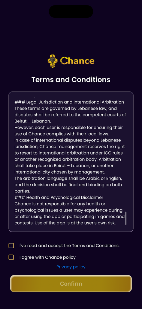 Pantalla de términos y condiciones de la aplicación de sorteos Chance con descargos de responsabilidad legal y botón de confirmar