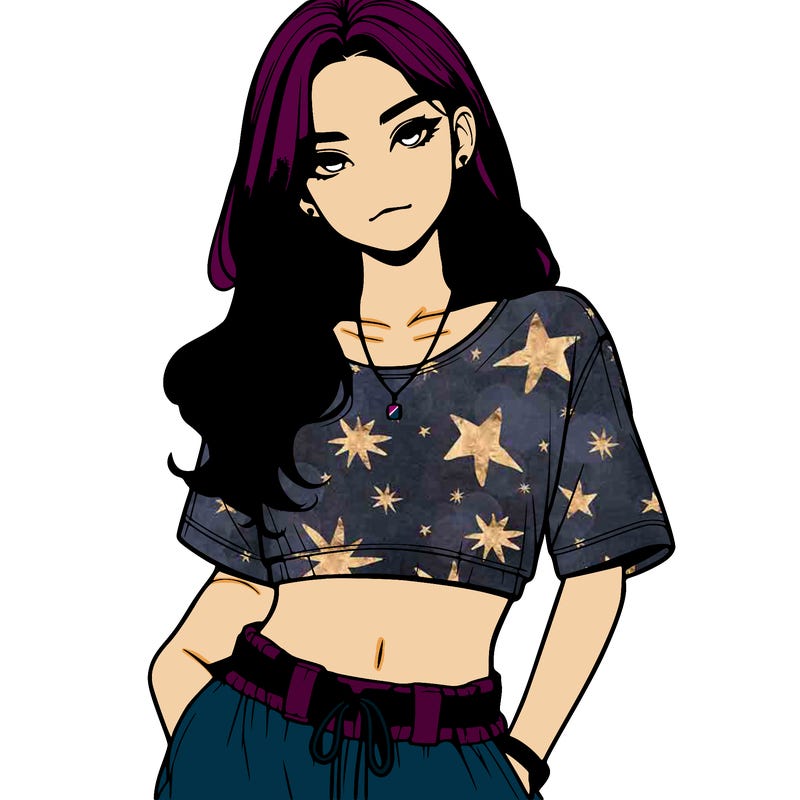 realistic girl witha crop top and baggy pants