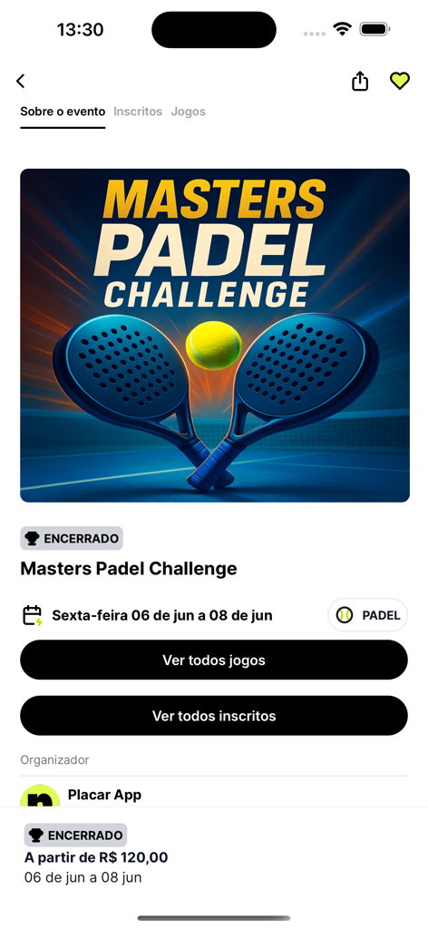 Placar.app - Interface móvel do Placar.app mostrando informações de eventos para um torneio Masters Padel Challenge.
