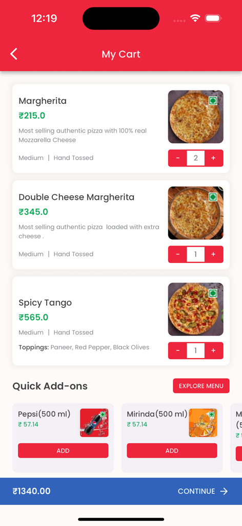 Rominus Pizza - Shopping cart screen of Rominus Pizza app displaying ordered pizzas and drinks with total price