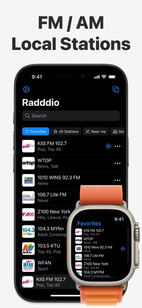 Interface de l'application Radddio affichant les stations FM et AM locales sur iPhone et Apple Watch.