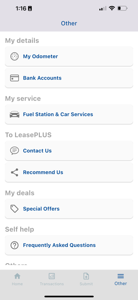 LeasePLUS - LeasePLUSアプリのその他の画面には、オドメーター、銀行口座、燃料サービスなどのメニュー項目が表示されます