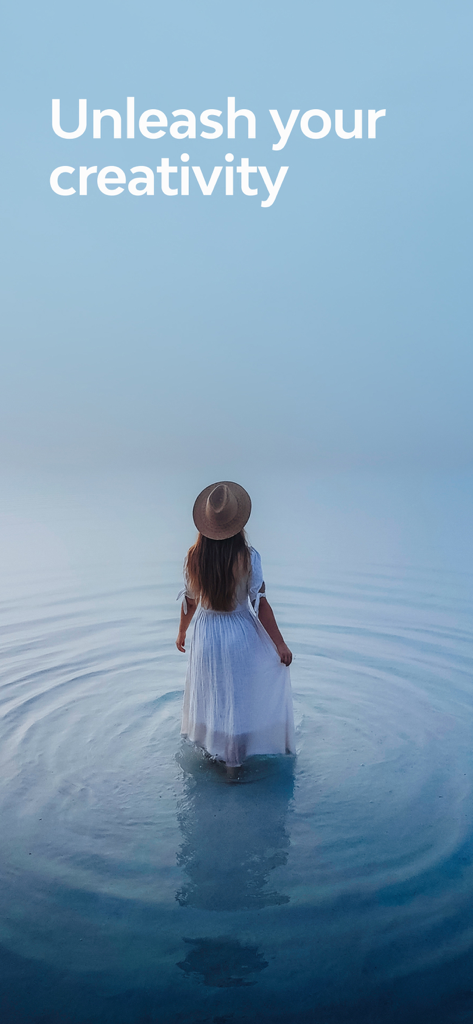 Vamp - A creator standing in calm water with the text Unleash your creativity