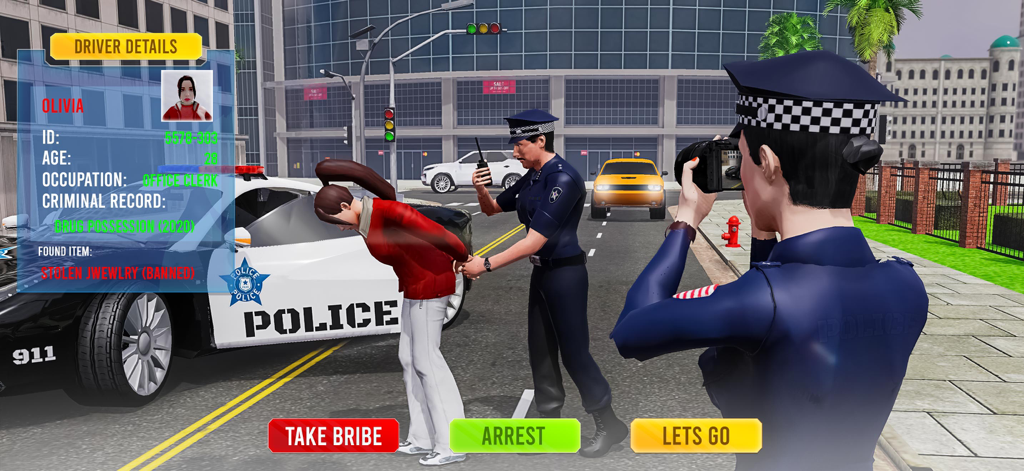 Gameplay screenshot of a police officer arresting a suspect with options to take a bribe or make an arrest