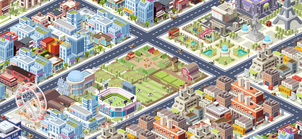 Una vibrante vista isométrica de la ciudad de City Craft Building Sim con diversas zonas urbanas e industriales