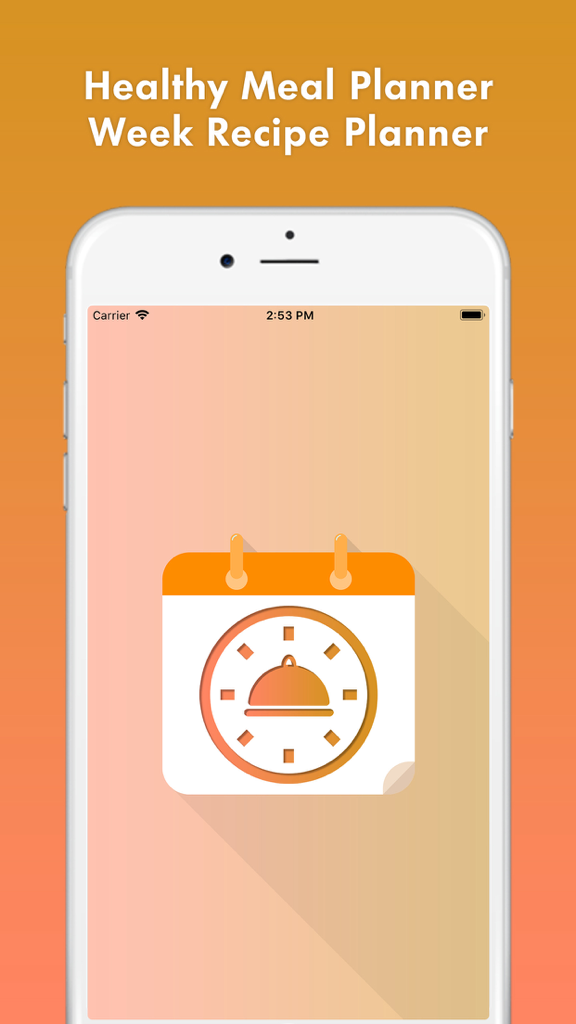 Splash screen for the Healthy Meal Planner app showing a calendar icon with a food cloche and clock.
