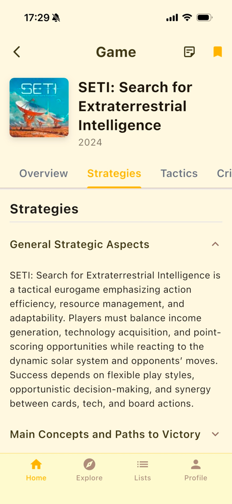 Board Game Guru - Strategic analysis for the SETI board game on the Board Game Guru app interface