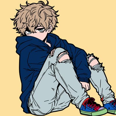 a male hoddie ripped jeans messy hair anime