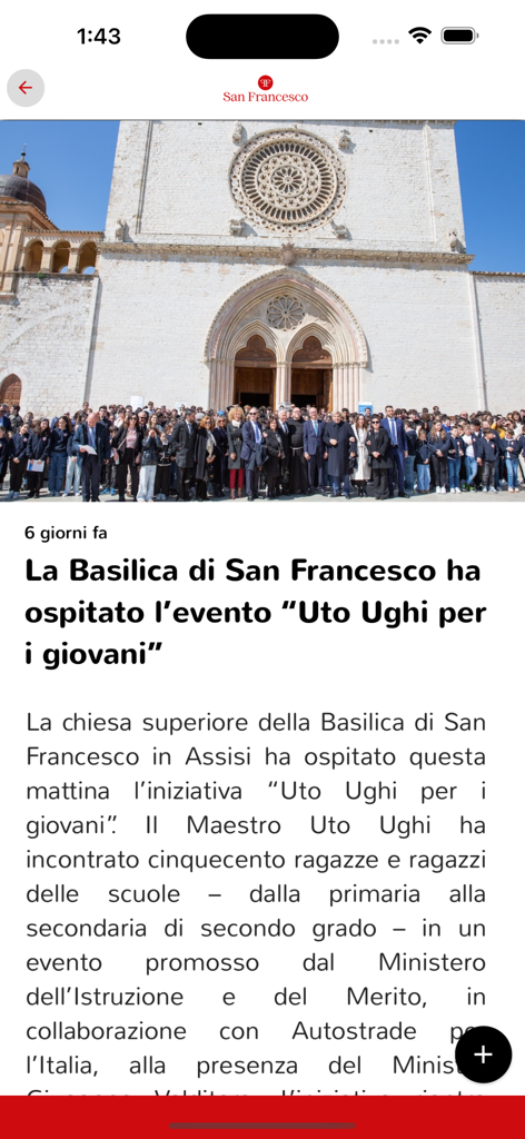 San Francesco Digitale - News article in the San Francesco Digitale app about a youth event at the Basilica di San Francesco in Assisi