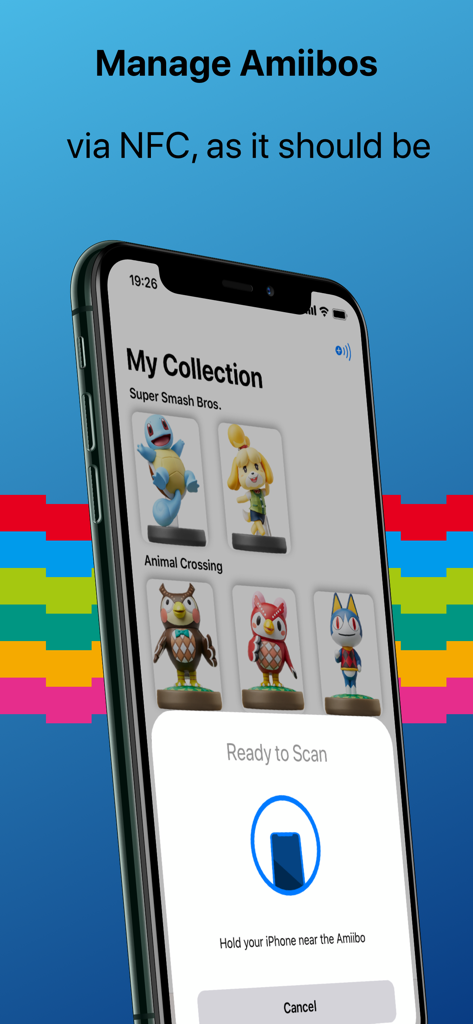 AmiiBot - AmiiBot app on an iPhone showing an Amiibo collection and the NFC scan prompt