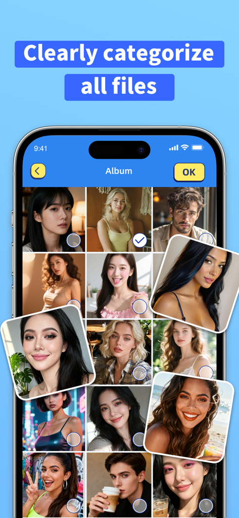 Wiler File Manager - Wiler File Manager app displaying a photo album grid with the text Clearly categorize all files.