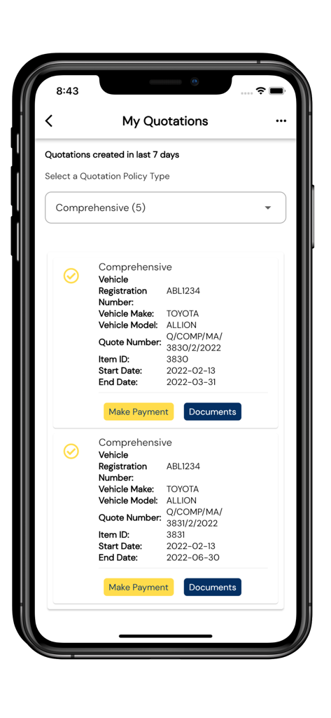 My PICZ - A list of vehicle insurance quotations in the My PICZ app showing vehicle details and payment options