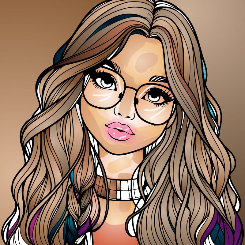 girl with long hair and freckles and glasses realistic