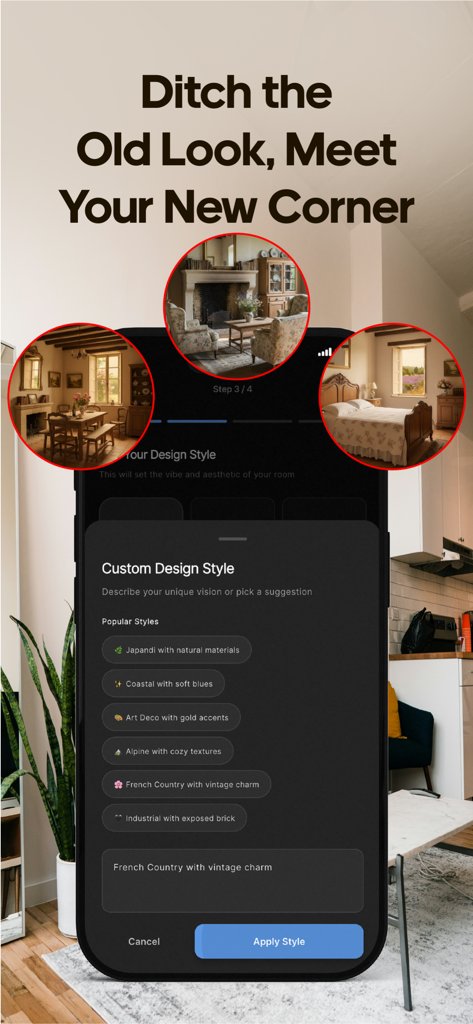 Decor AI: Room Design & AI - 視覚的な部屋のプレビューでカスタムインテリアデザインスタイルを選択するメニューを示すDecor AIアプリのインターフェース。