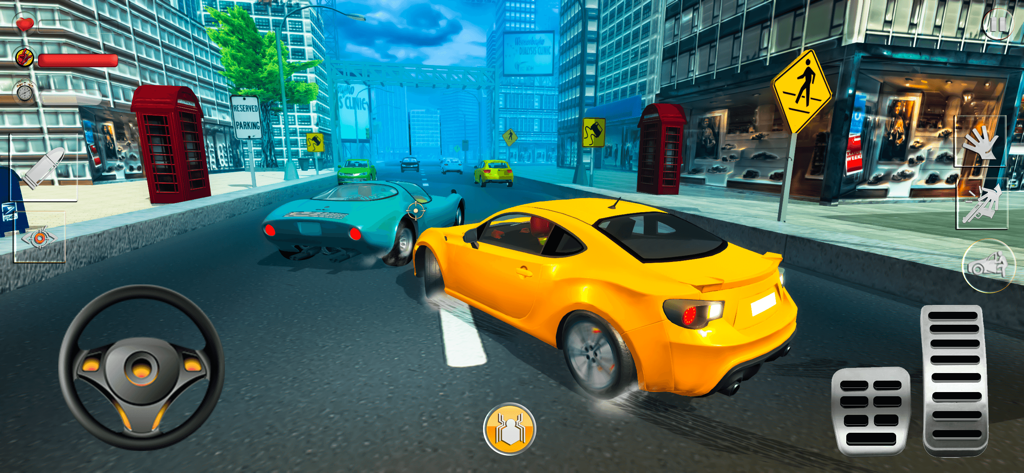 Stickman Spider Rope Hero 3D - yellow sports car driving through a 3d city street in a stickman superhero game