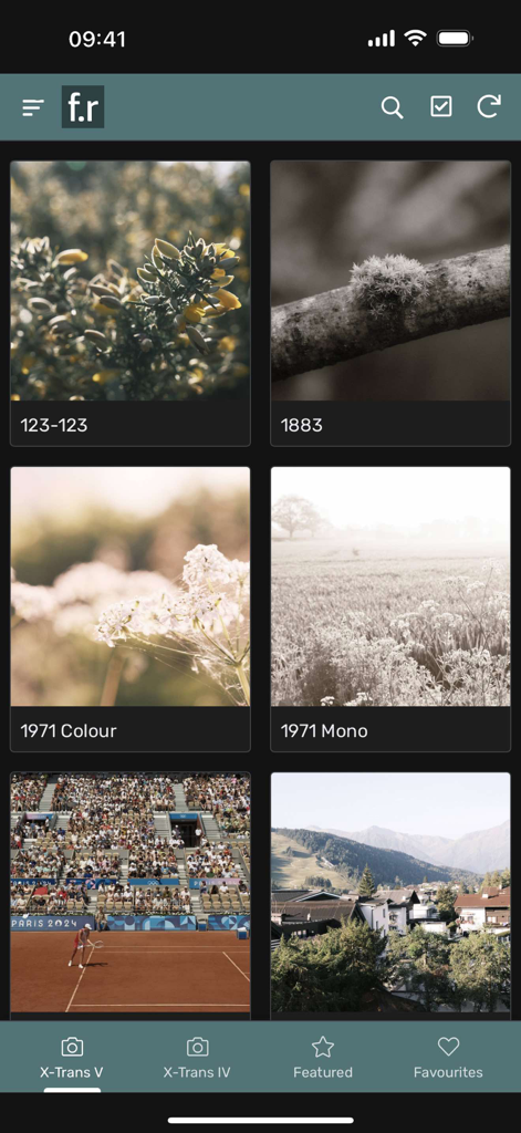 Film Recipes App for Fujifilm - Interface of the Film Recipes app for Fujifilm showing a grid of different film simulation styles and recipes