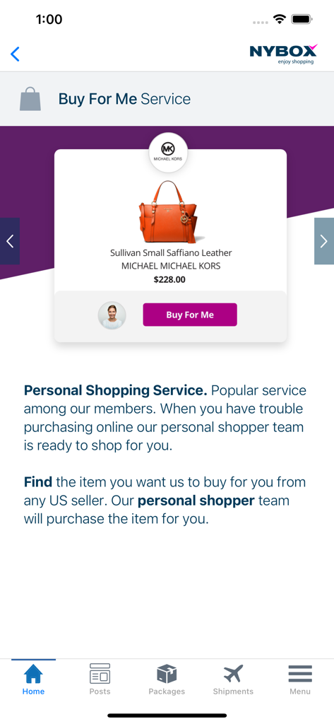 NYBox - NYBox mobile app screen showcasing the Buy For Me personal shopper service for a Michael Kors handbag.
