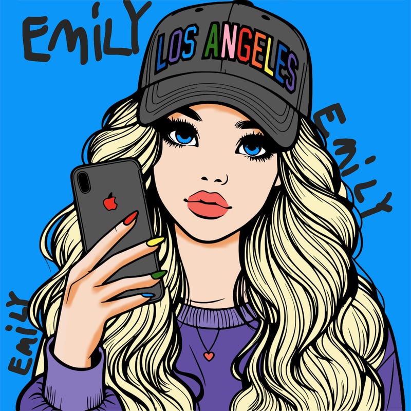 realistic beautiful girl wearing los ángeles cap holding an iphone