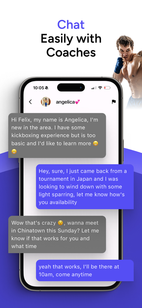 A smartphone displaying the Martial Profile app chat interface where users connect with coaches and find sparring partners.