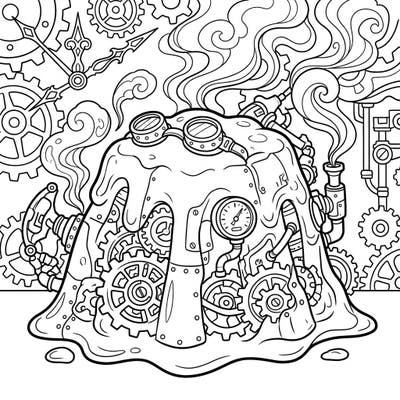Explore a truly unique blend of the whimsical and the mechanical with this Steampunk Pudding Monster coloring page. This design features a gelatinous creature adorned with intricate gears, pipes, and Victorian-era gadgetry, perfect for an imaginative coloring session.