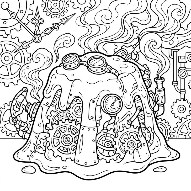 Explore a truly unique blend of the whimsical and the mechanical with this Steampunk Pudding Monster coloring page. This design features a gelatinous creature adorned with intricate gears, pipes, and Victorian-era gadgetry, perfect for an imaginative coloring session.