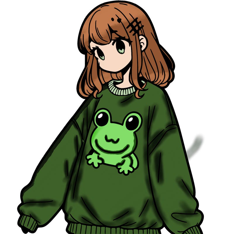 girl wearing frogging sweatshirt