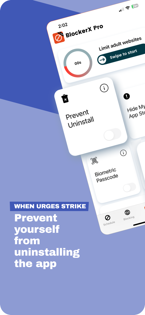 Porn Website Blocker: BlockerX - BlockerX Pro app interface showing the prevent uninstall and biometric passcode security features