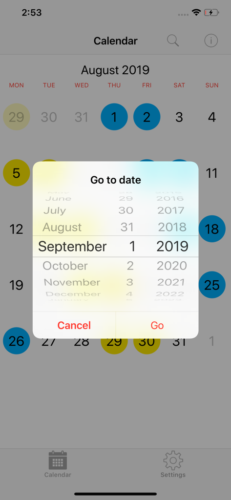 Flexitime - Flexitime shift calendar app showing a go to date selection menu over a color coded work schedule