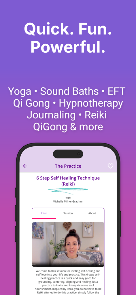 Relax Now: Mental Relaxation - Die Benutzeroberfläche der Relax Now App zeigt eine geführte 6-stufige Selbstheilungs-Reiki-Technik-Videositzung